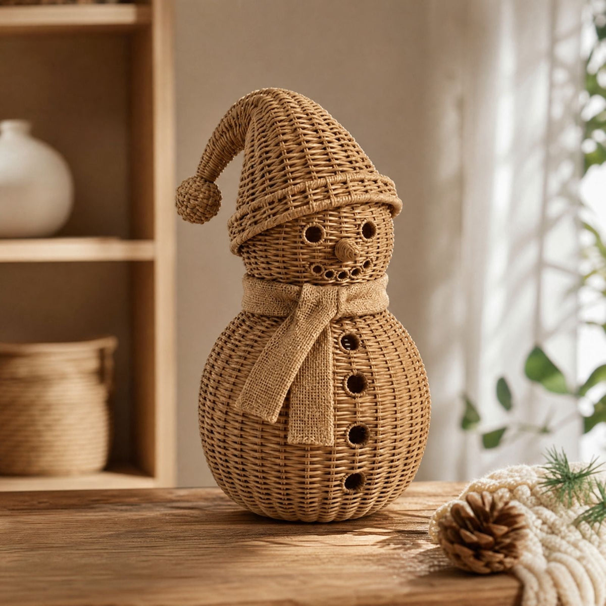 FeiBiQiuBi 14.9" Resin Rattan Style Snowman, Rustic Snowman Decorations with Bow, Woven Natural Style Freestanding Design Winter Farmhouse Decor for Home Kitchen Garden, Holiday Table Mantel Decor