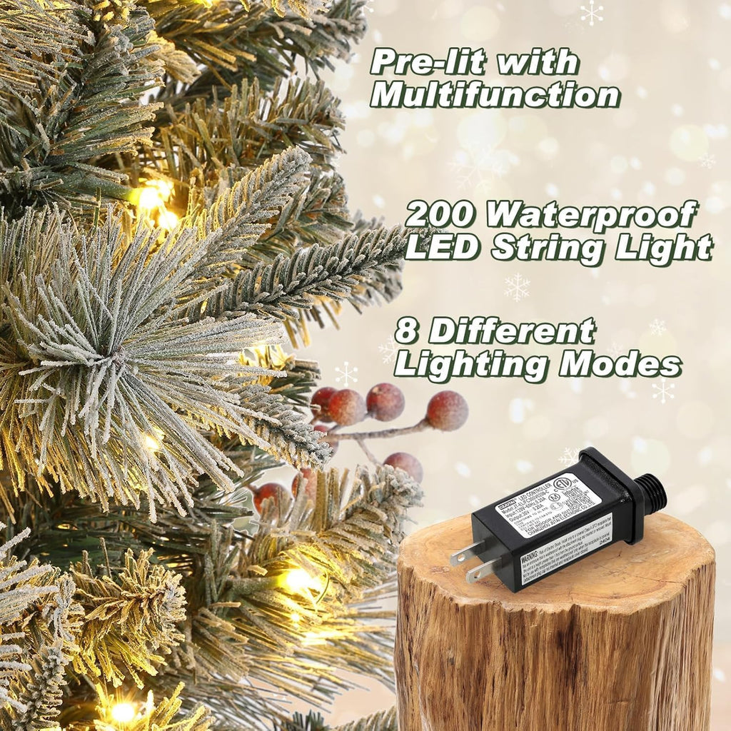 4ft Pre-Lit Artificial Christmas Tree with Large Box Base, 200 LED Lights, 4 Red Berries, Full Snow Branch Tips, Small Snowy Christmas Tree for Home, Office