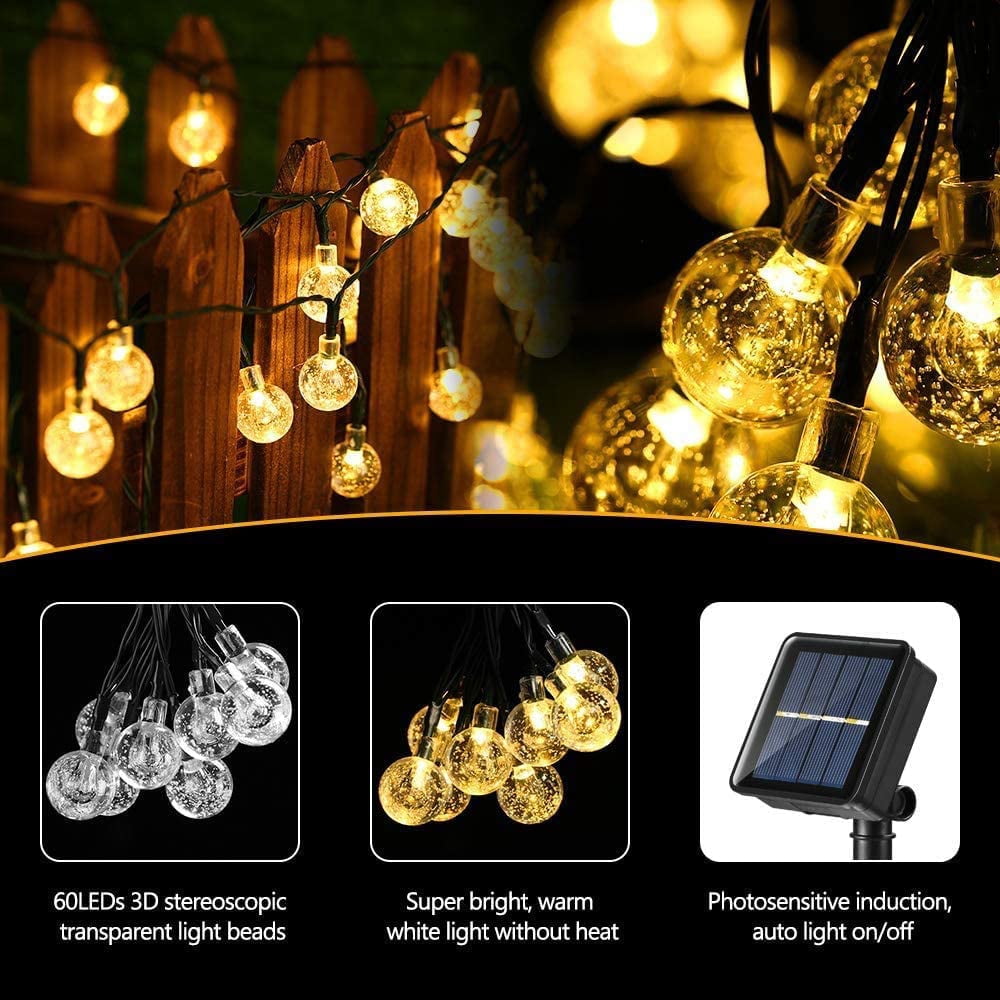 Juhefa Solar String Lights Outdoor 60 Led 35.6 ft Crystal Globe Lights for Garden Yard Porch Wedding Party Decor (White)