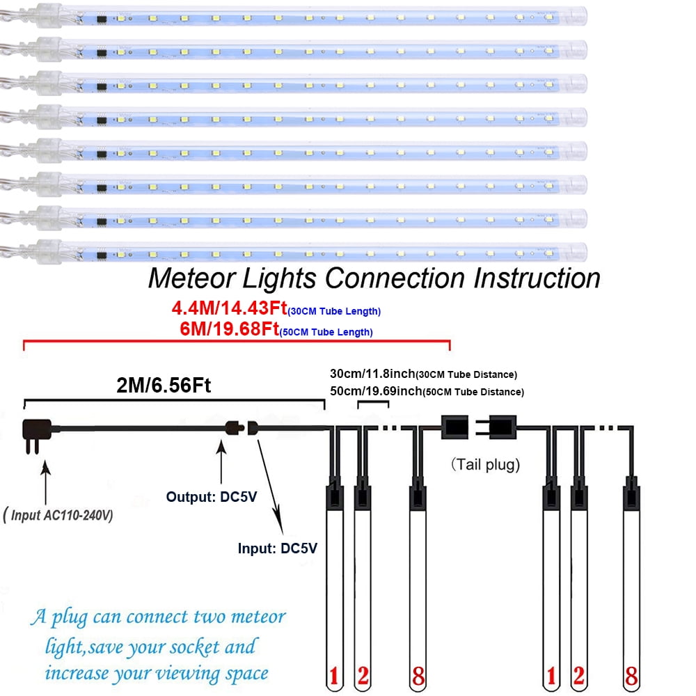 DONGPAI Meteor Shower Lights Outdoor, 11.8 Inch 8 Tube Icicle Lights, Waterproof Meteor Christmas Lights Outdoor, Hanging Falling Rain Lights for Xmas Tree Outside Holiday Decoration