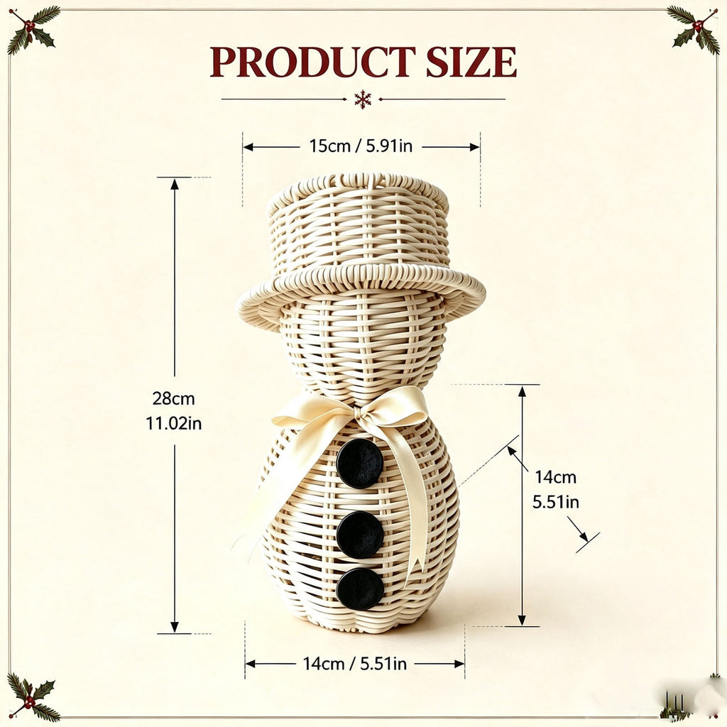 FeiBiQiuBi 14.9" Resin Rattan Style Snowman, Rustic Snowman Decorations with Bow, Woven Natural Style Freestanding Design Winter Farmhouse Decor for Home Kitchen Garden, Holiday Table Mantel Decor