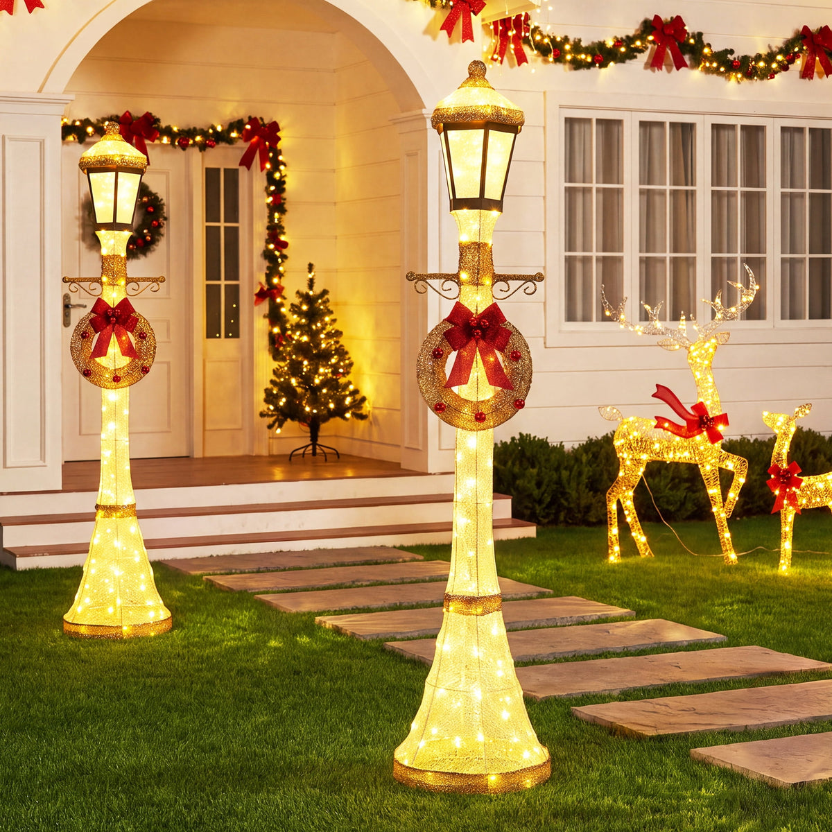 FOOWIN 6FT Christmas Lamppost Set of 2, Outdoor Christmas Lamp Post Decoration with 120 LED Lights, Holiday Porch Lamp Post Decor, Gold