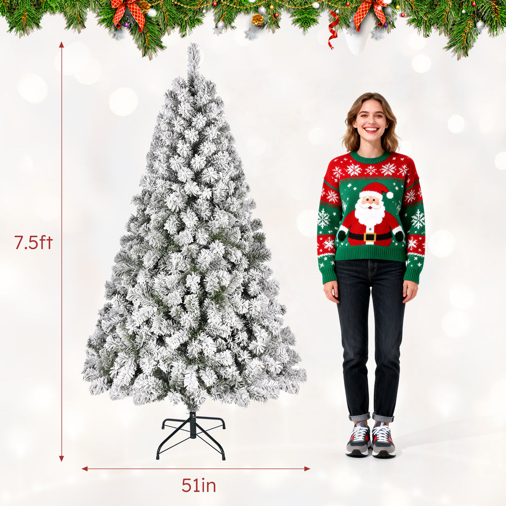 Vebreda 7.5ft Snow Flocked Hinged Artificial Christmas Tree Without Lights, Indoor White