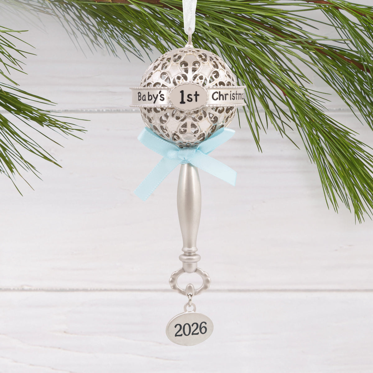 Hallmark Ornament (Baby First Cmas Rattle Blue Ribbon 2026, Metal), 1 Count