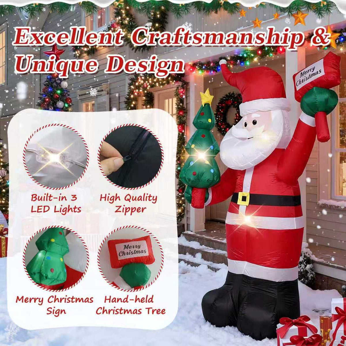Joctrum 8 FT Christmas Inflatable Santa Claus with Built-In LEDs, Blow-Up Santa for Xmas,Yard,Garden, Lawn, Indoor, Outdoor, Winter Decor