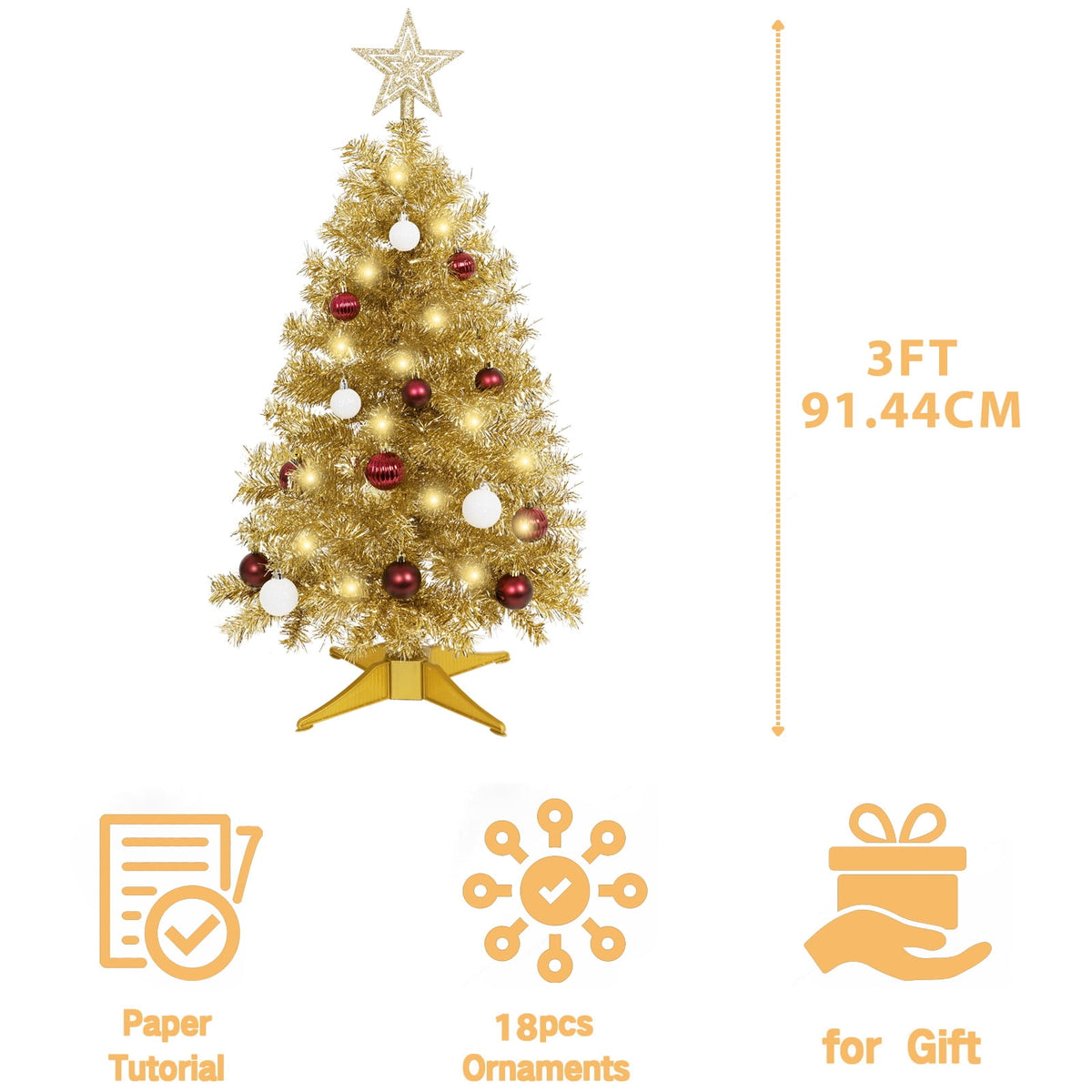 THE BRIVE Artificial Christmas Tree Champagne Includes Ornaments & Star 3ft with LED lights