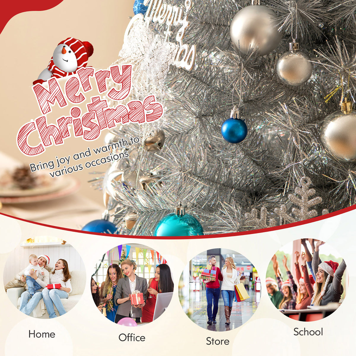 Gymax 7 FT Pre-Lit Artificial Christmas Tree Silver Tinsel Hinged Xmas Tree