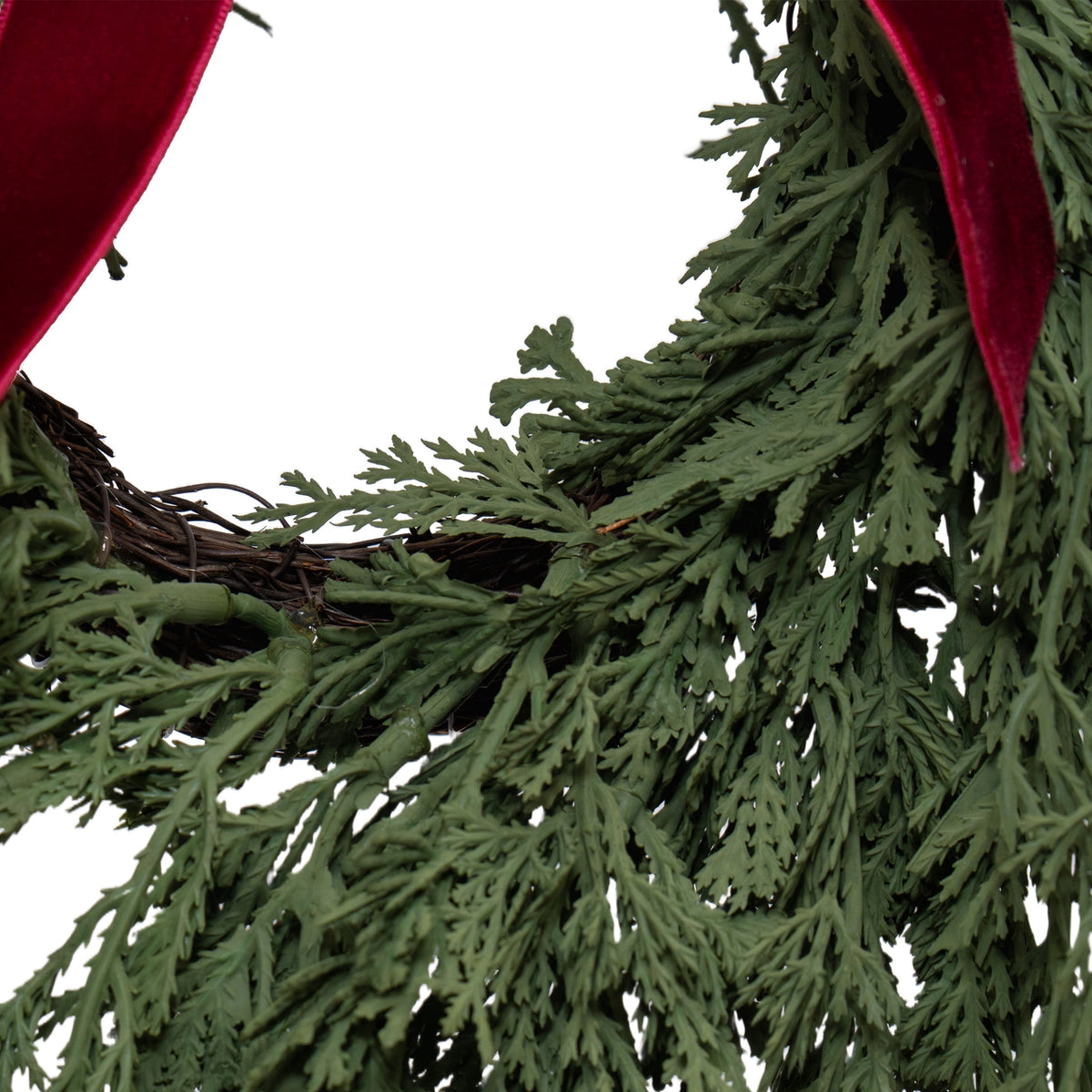 My Texas House Evergreen Artificial Christmas Wreath with Velvet Ribbon, Green and Red, 12"