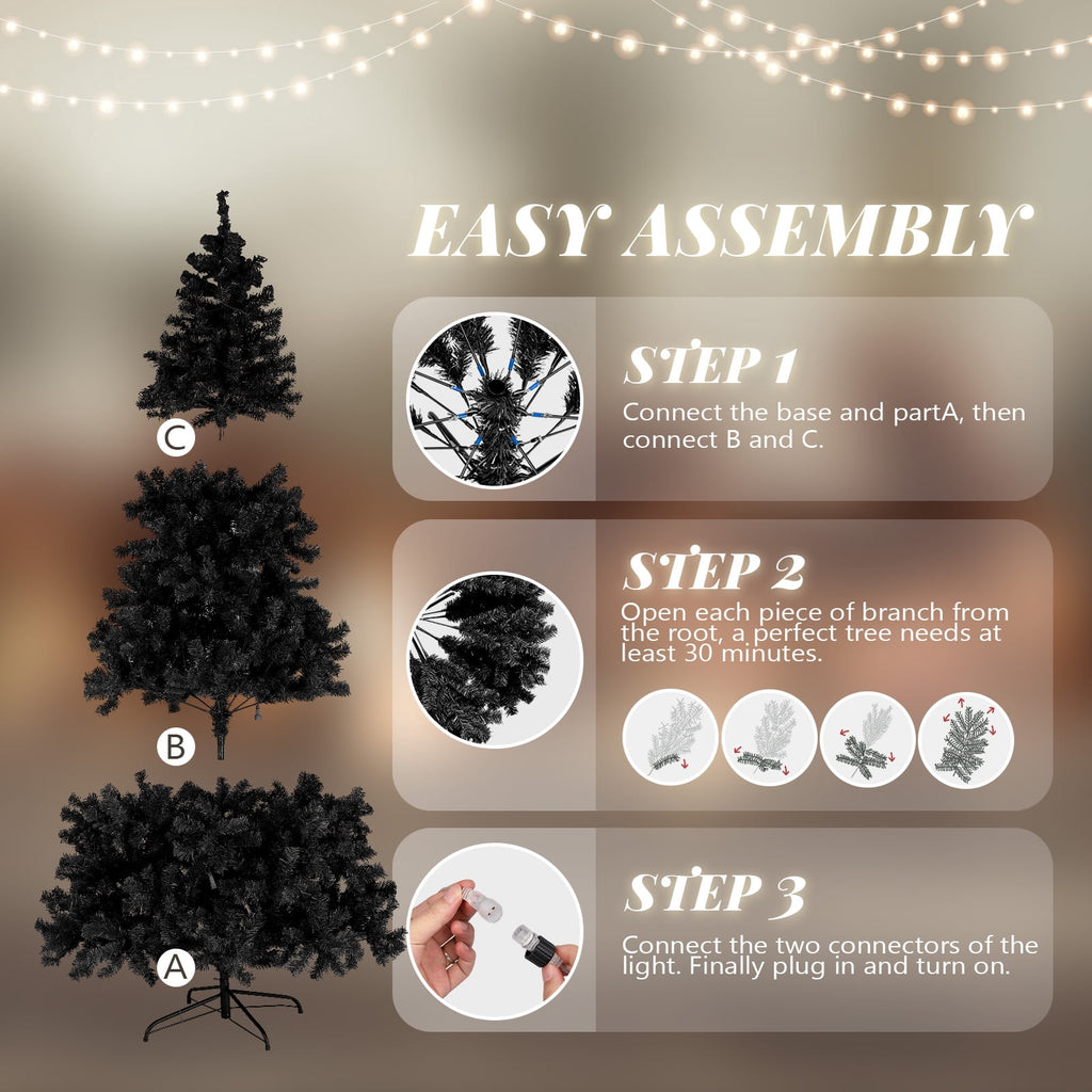 Ktaxon Black Christmas Tree 6ft Artificial Xmas Tree with 250 LEDs,Indoor Holidays Decoration,8 Modes