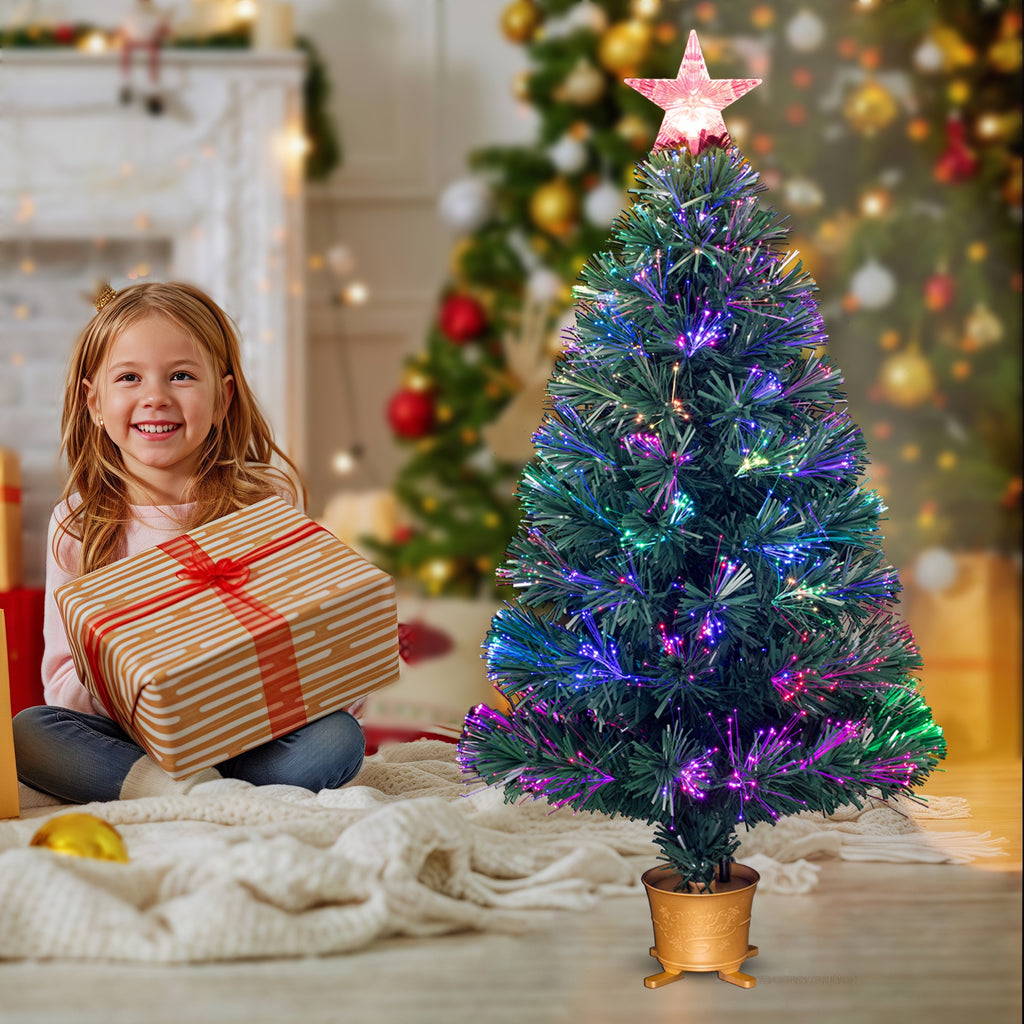 YUETJIN 3ft Pre-lit Mini Fiber Optic Tabletop Artificial Christmas Tree，Small Xmas Trees with Stars Decorations-transparent