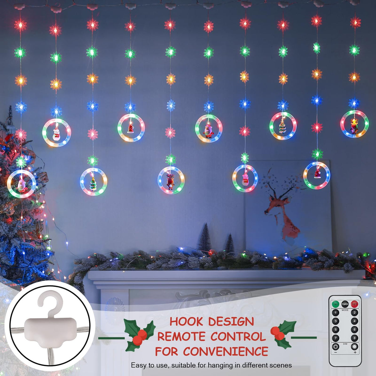 WILLED Christmas String Lights, 120 LED Window Curtain Lights with Christmas Ornaments, 9.8ft USB Powered Warm White Waterproof Fairy Lights Indoor Outdoor for Xmas Tree Patio Garden Party Home Decor