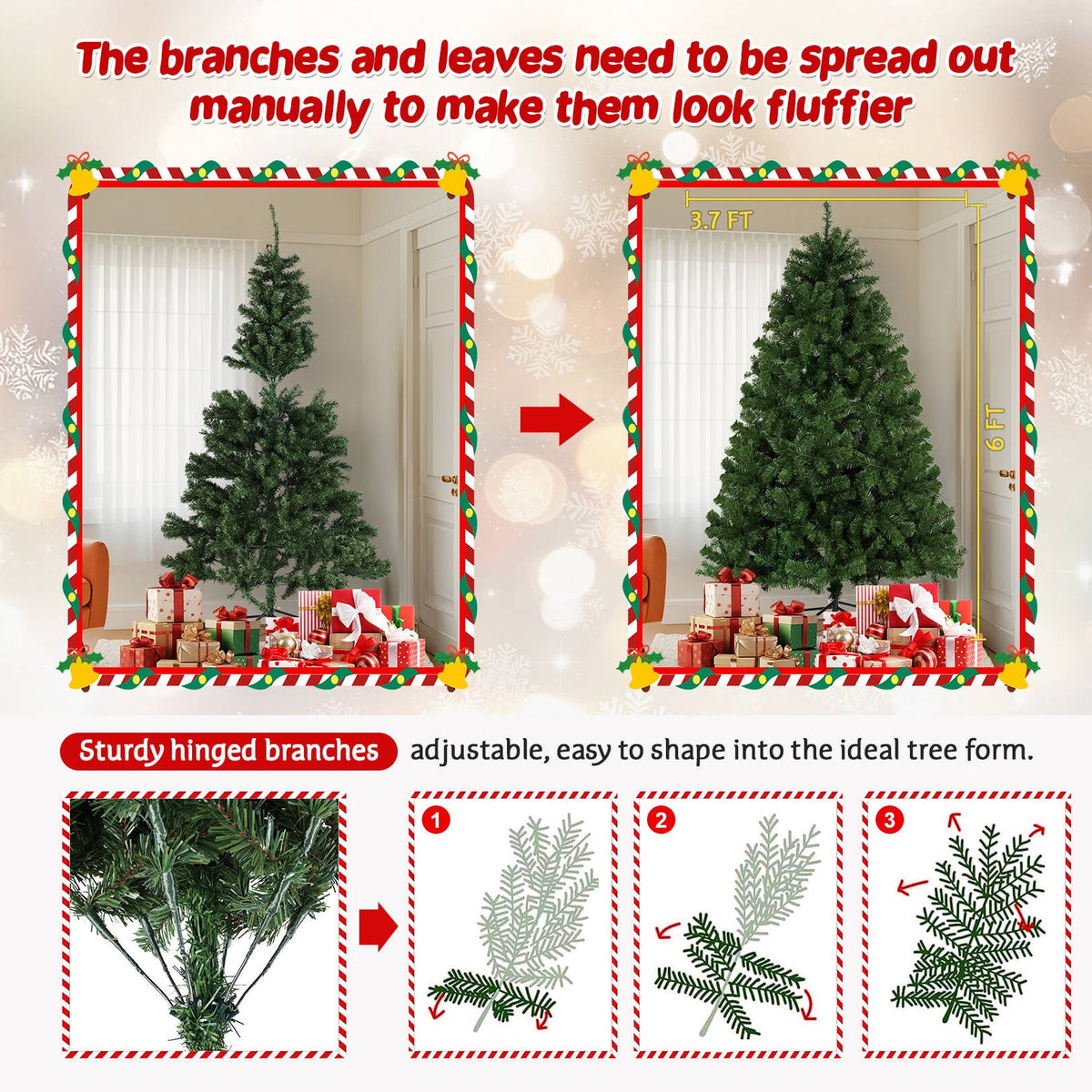 Funcid 6ft Green Artificial Christmas Tree, Hinged Spruce Full Tree with 1477 Branch Tips, Foldable Metal Stand, New PVC Material, Xmas Tree for Indoor and Outdoor Decoration