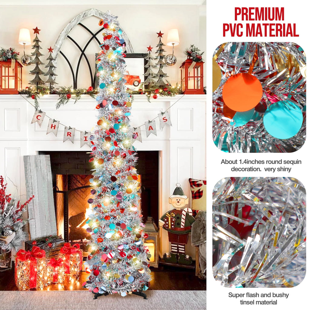Ayieyill 5ft Pencil Christmas Tree, Collapsible Xmas Tree with Lights, Pop Up Tinsel Tree for Christmas Decorations Indoor, Pink White