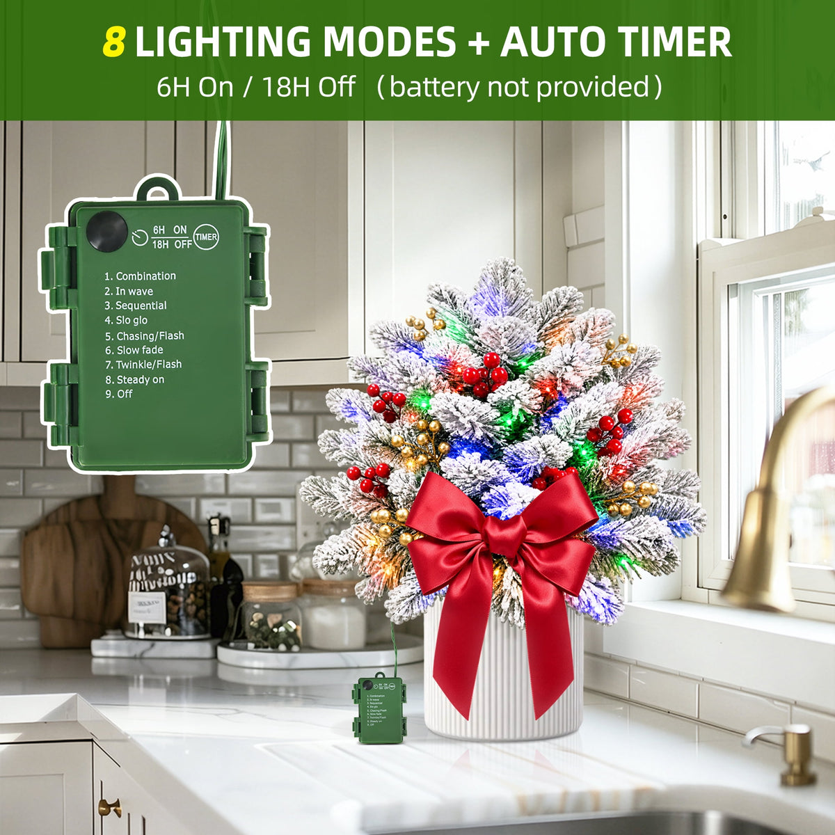 2PK Prelit Outdoor Christmas Trees Christmas Urn Pot Filler Snow Flocked Lighted Christmas Trees with 100 LED Warm White/Colorful Lights Timer 8 Modes for Front Door Porch Christmas Decoration