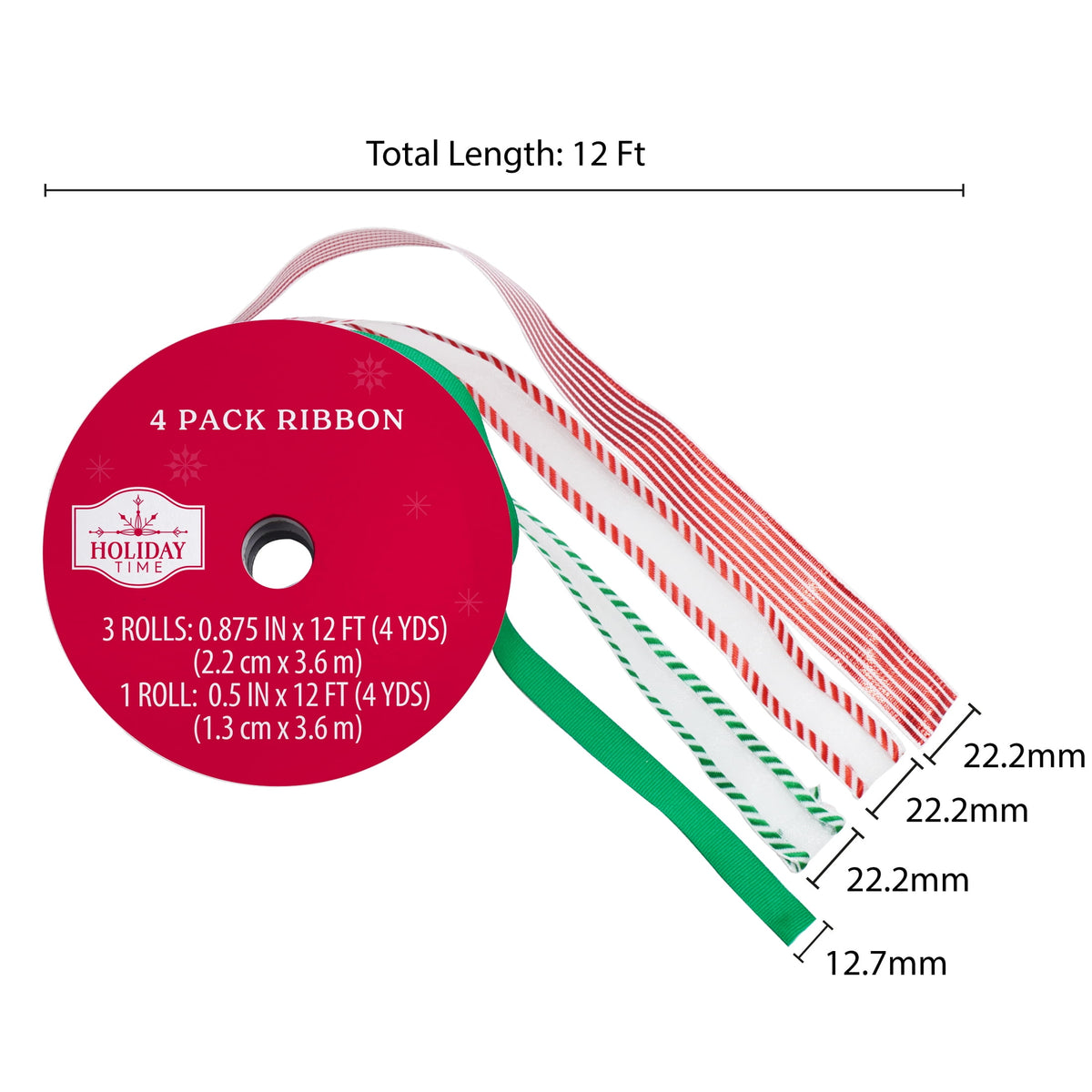 Red/Green/White Christmas Ribbon, 12', 4 Pack, by Holiday Time