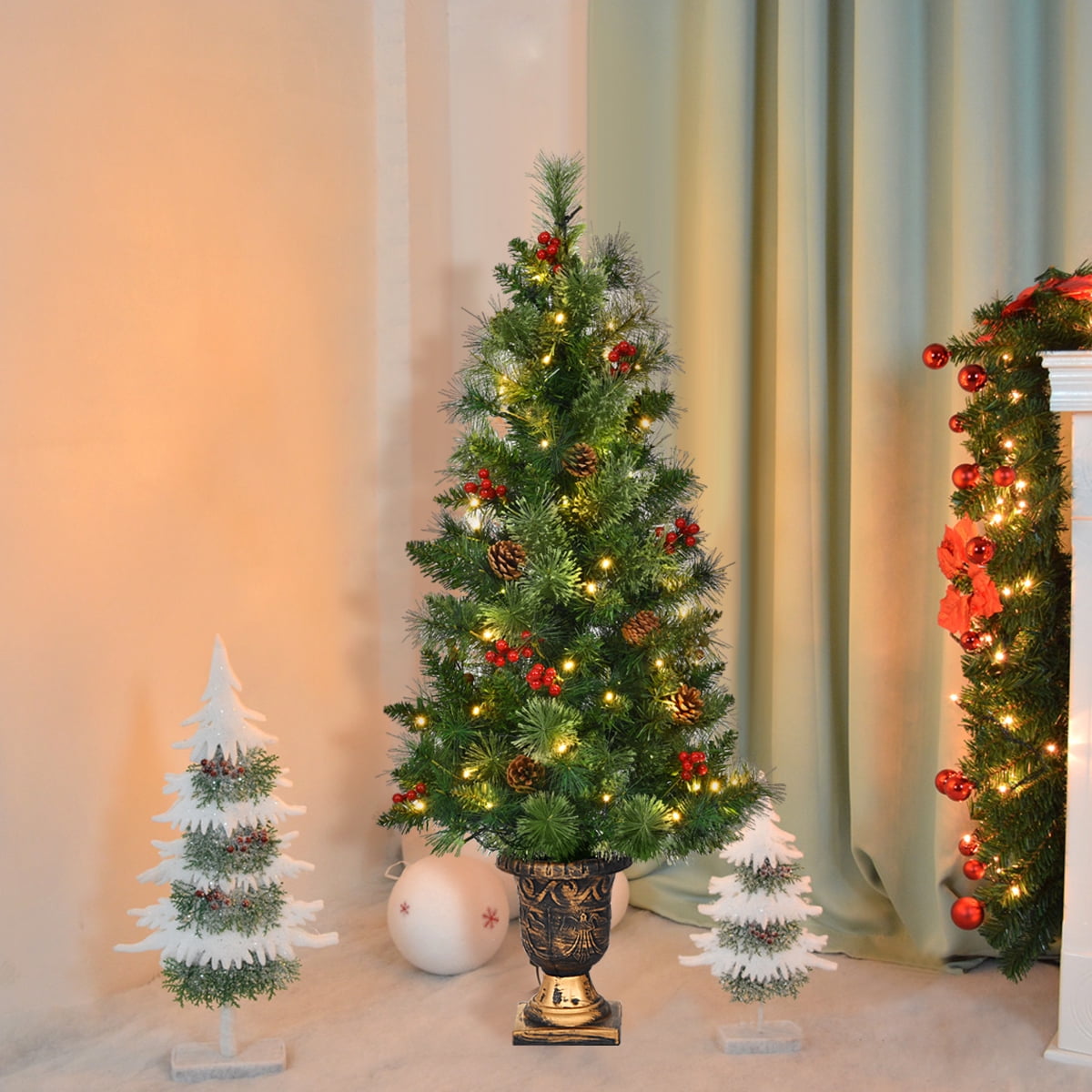 Costway 4ft Pre-Lit Christmas Entrance Tree In Urn w/ 60 LED Light Red Berries Pine Cone