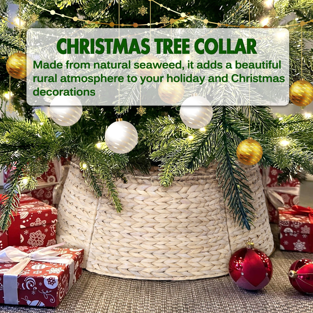 Ayieyill 26in Woven Hyacinth Christmas Tree Collar, Christmas Tree Decorations, Tree Skirt Accessory w/ Cord Cut-Out | Natural