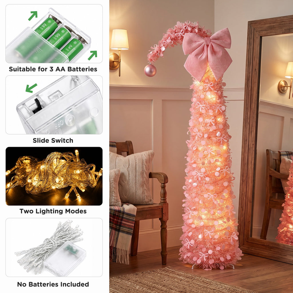 Ayieyill Christmas Tree 5FT Pencil Christmas Tree, Collapsible Pop up Tinsel Tree for Christmas Decorations Indoor, Pink