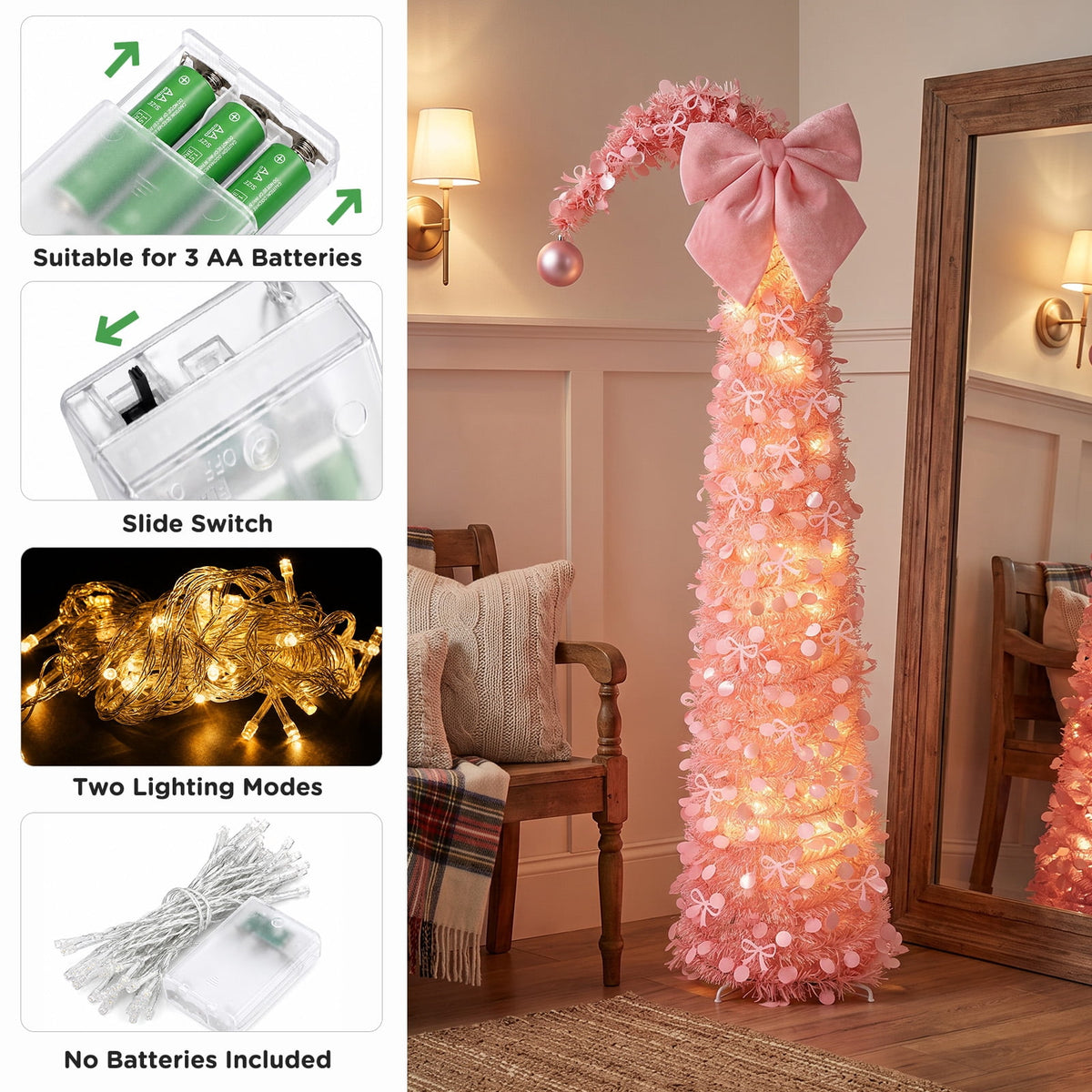 Ayieyill Christmas Tree 5FT Pencil Christmas Tree, Collapsible Pop up Tinsel Tree for Christmas Decorations Indoor, Pink