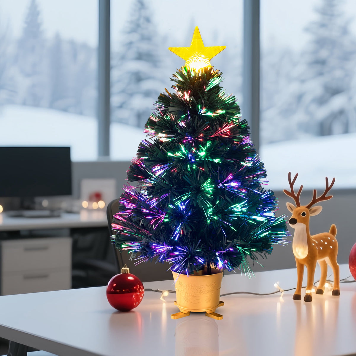 YUETJIN 24inch Pre-Lit Mini Fiber Optic Tabletop Artificial Christmas Tree，Small Xmas Tree with Golden Stars Decorations