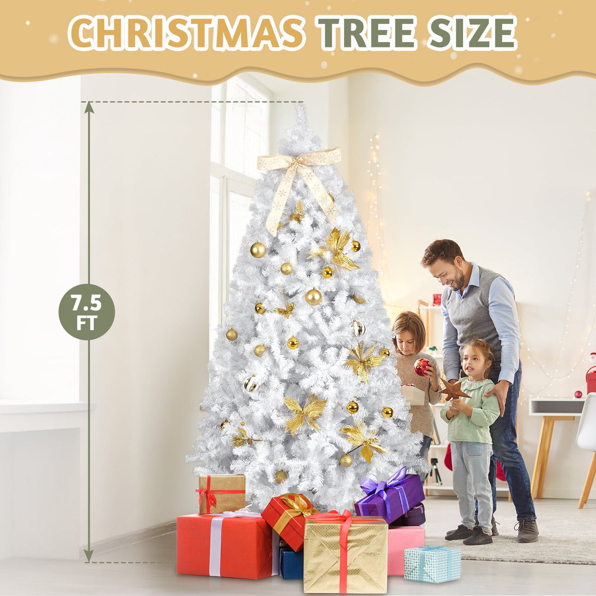 UBesGoo 7.5ft DIY Christmas Tree, Hinged Artificial Pine with 400 Warm LEDs & Golden Ornaments, Includes Tree Skirt, Green