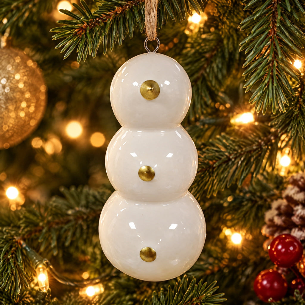 White and Gold Ceramic Snowman Christmas Ornament, 5", by Holiday Time