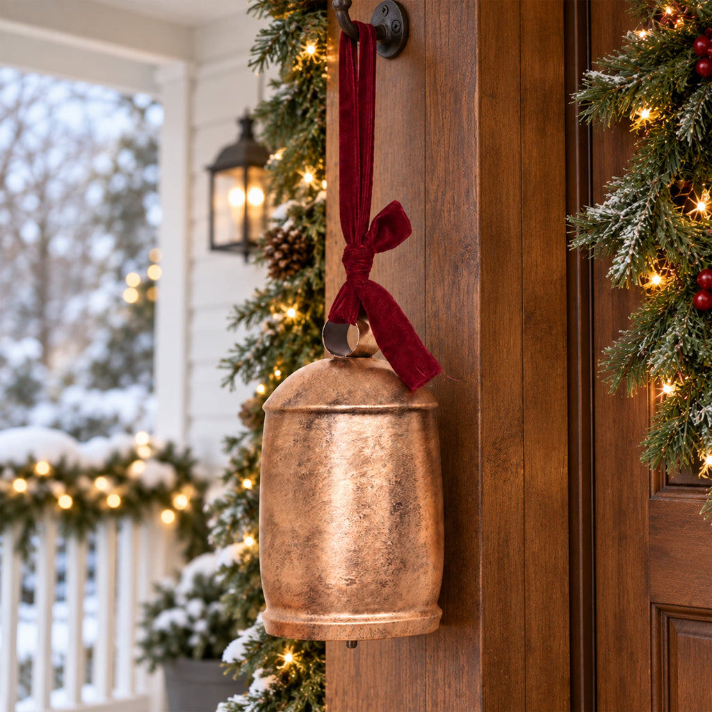 My Texas House Metal Hanging Bell, Antique Gold Finish with Red Velvet Ribbon, 11 inches