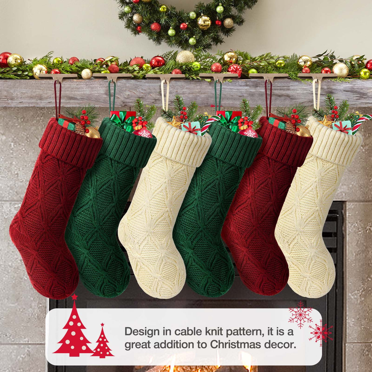 Ayieyill 6pcs Christmas Stockings Large Knitted Xmas Stockings 18 Inches Fireplace Hanging Stockings for Family Holiday Christmas Decoration