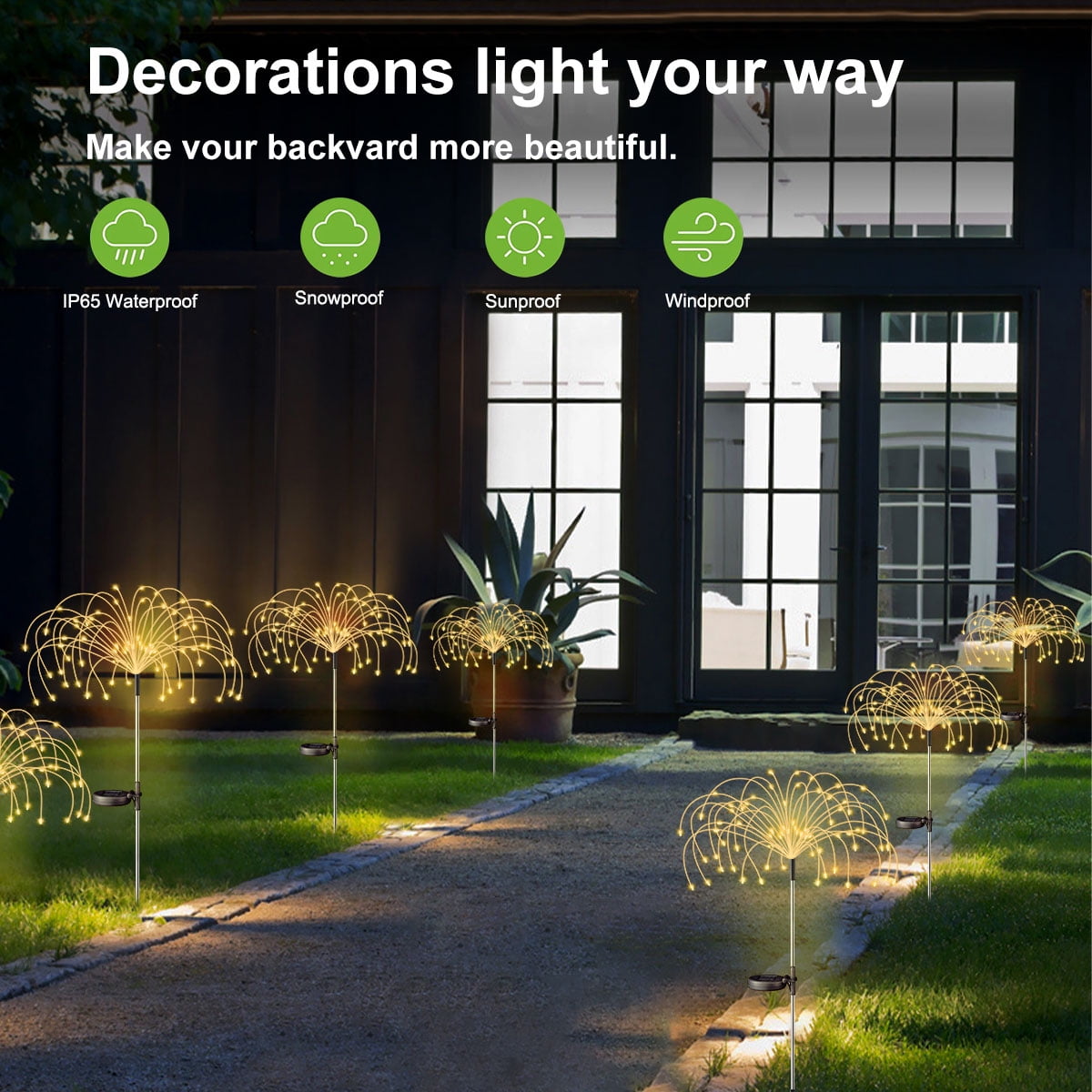 Rirool 2 Pack Solar Firework Lights, 120 LED Outdoor Garden Lights, Waterproof IP65 Pathway Yard Decor, DIY Copper Wire, Auto On/Off, Warm White