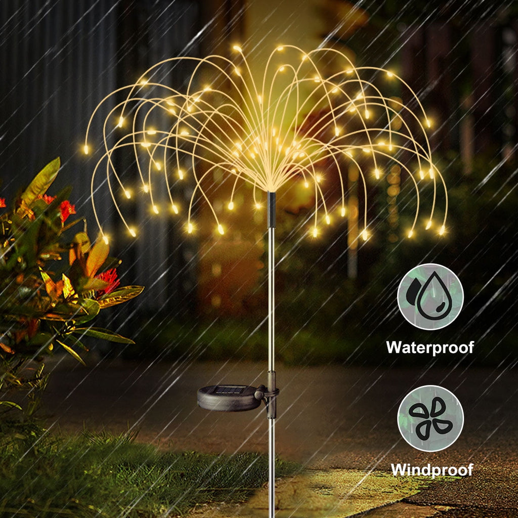 Rirool 2 Pack Solar Firework Lights, 120 LED Outdoor Garden Lights, Waterproof IP65 Pathway Yard Decor, DIY Copper Wire, Auto On/Off, Warm White