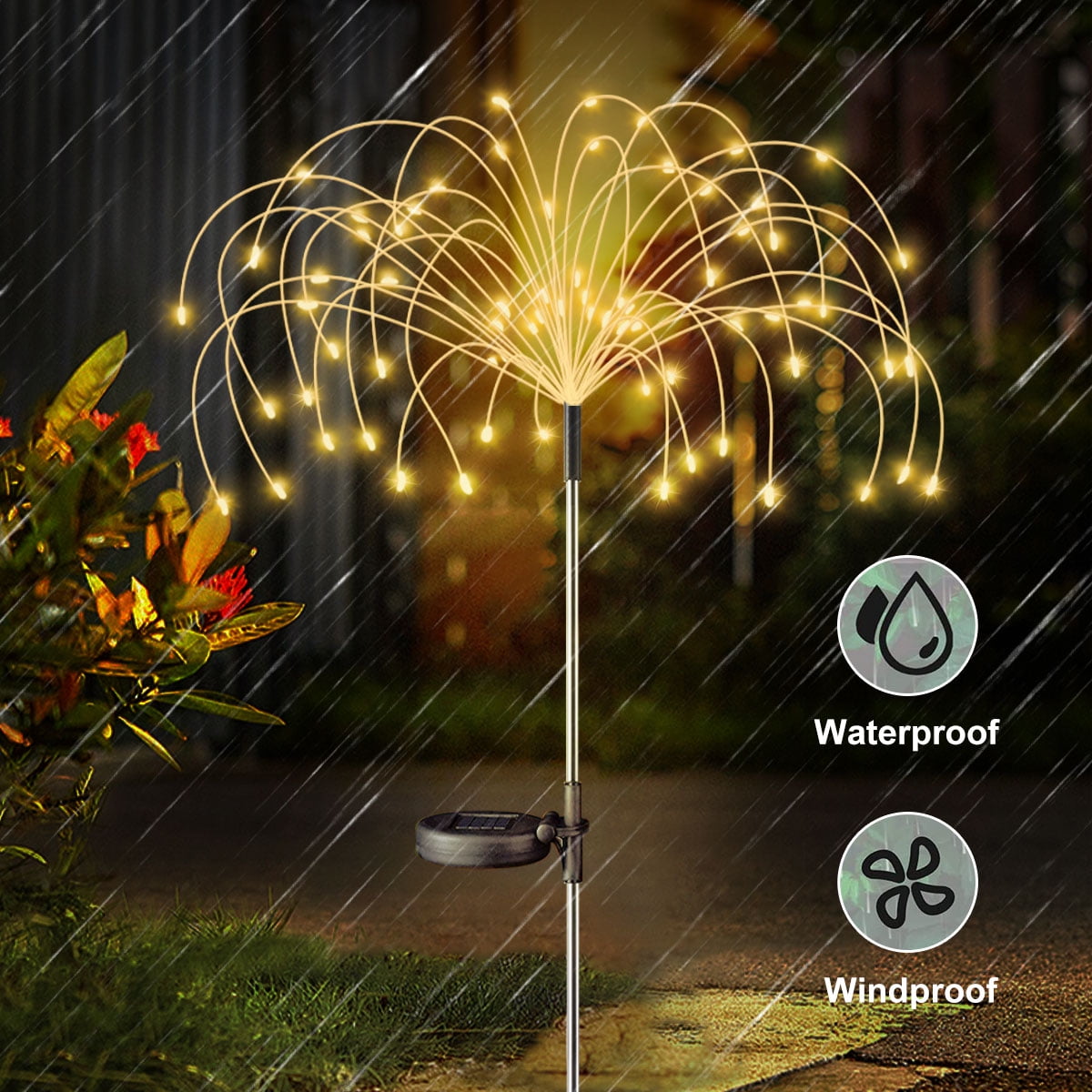 Rirool 2 Pack Solar Firework Lights, 120 LED Outdoor Garden Lights, Waterproof IP65 Pathway Yard Decor, DIY Copper Wire, Auto On/Off, Warm White