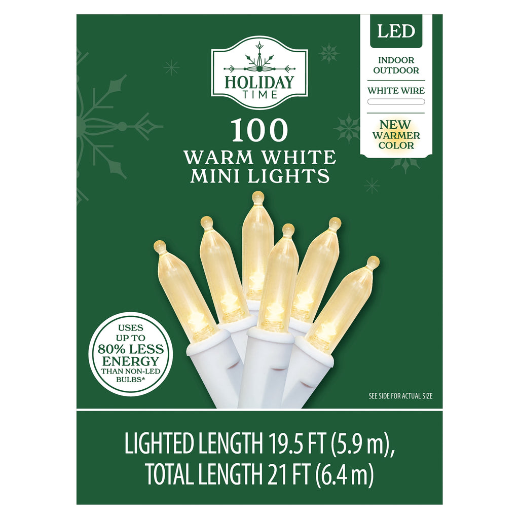 Indoor/Outdoor 100-Count LED Mini Christmas String Lights, Warm White, White Wire, 19.5', by Holiday Time