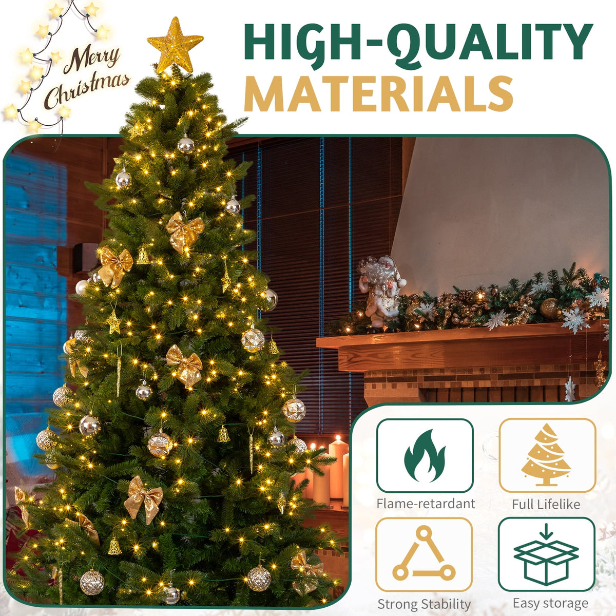 UBesGoo 7.5ft DIY Christmas Tree, Hinged Artificial Pine with 400 Warm LEDs & Golden Ornaments, Includes Tree Skirt, Green