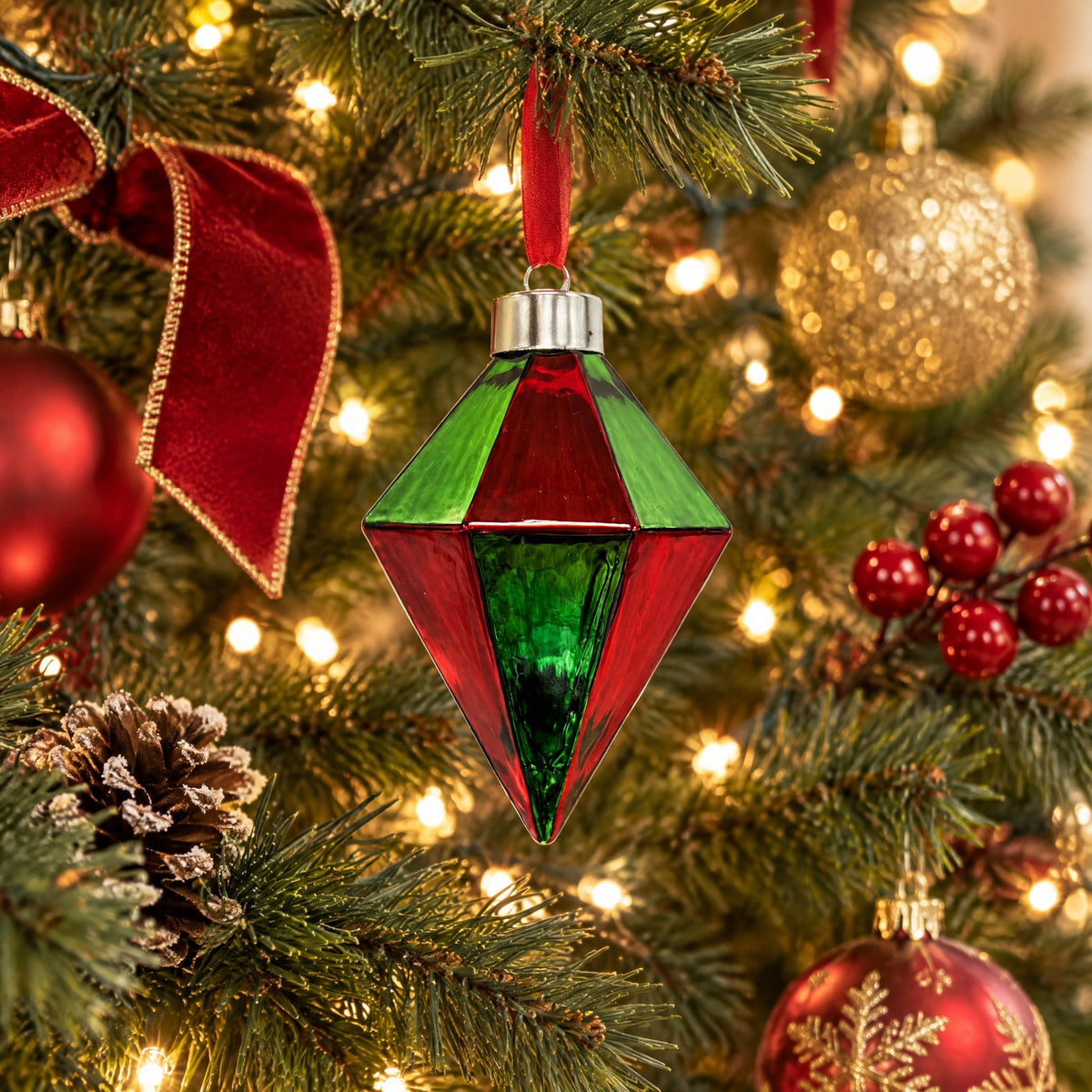 Red and Green Glass Diamond Christmas Ornament, 5", by Holiday Time