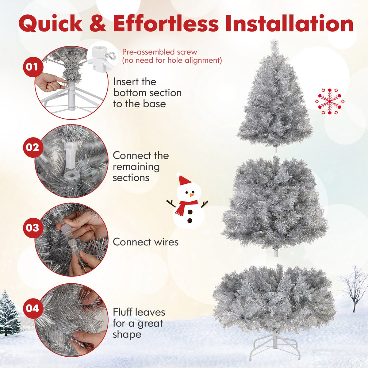 Gymax 7 FT Pre-Lit Artificial Christmas Tree Silver Tinsel Hinged Xmas Tree
