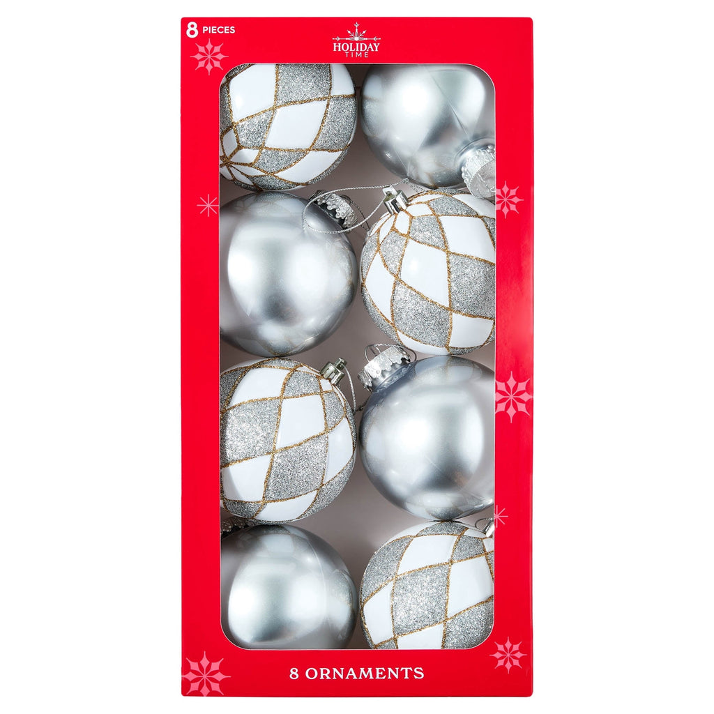8-Count Silver and White Ball Shatterproof Christmas Ornaments, 4.3", by Holiday Time