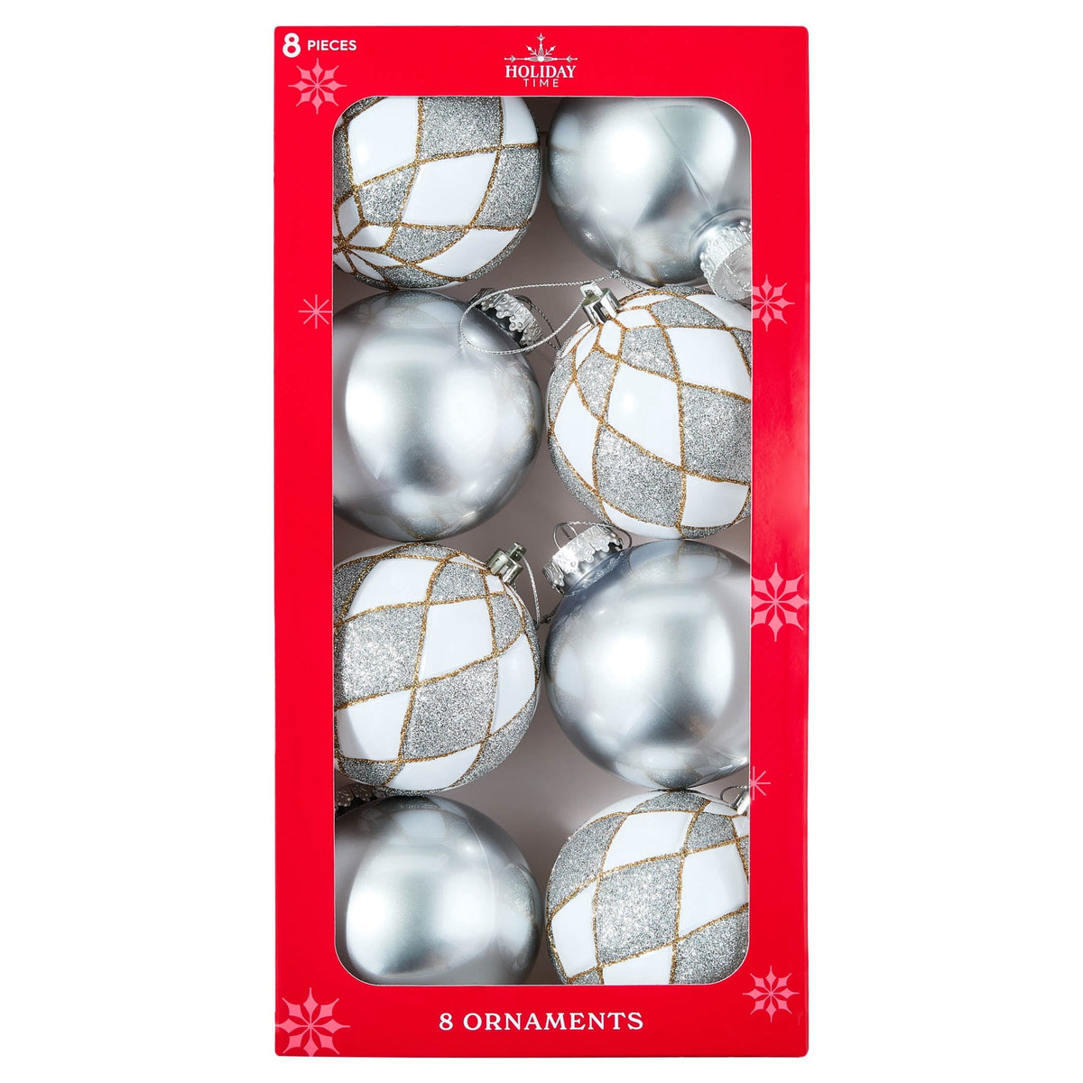 8-Count Silver and White Ball Shatterproof Christmas Ornaments, 4.3", by Holiday Time