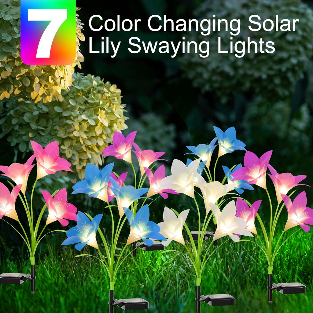 Solar Garden Lights Outdoor Decor, Lily Flower Garden Stake Lights Waterproof, 4 PCS LED Solar Lights Solar Powered for Outside Patio Garden Pathway Yard Decoration, Color Changing