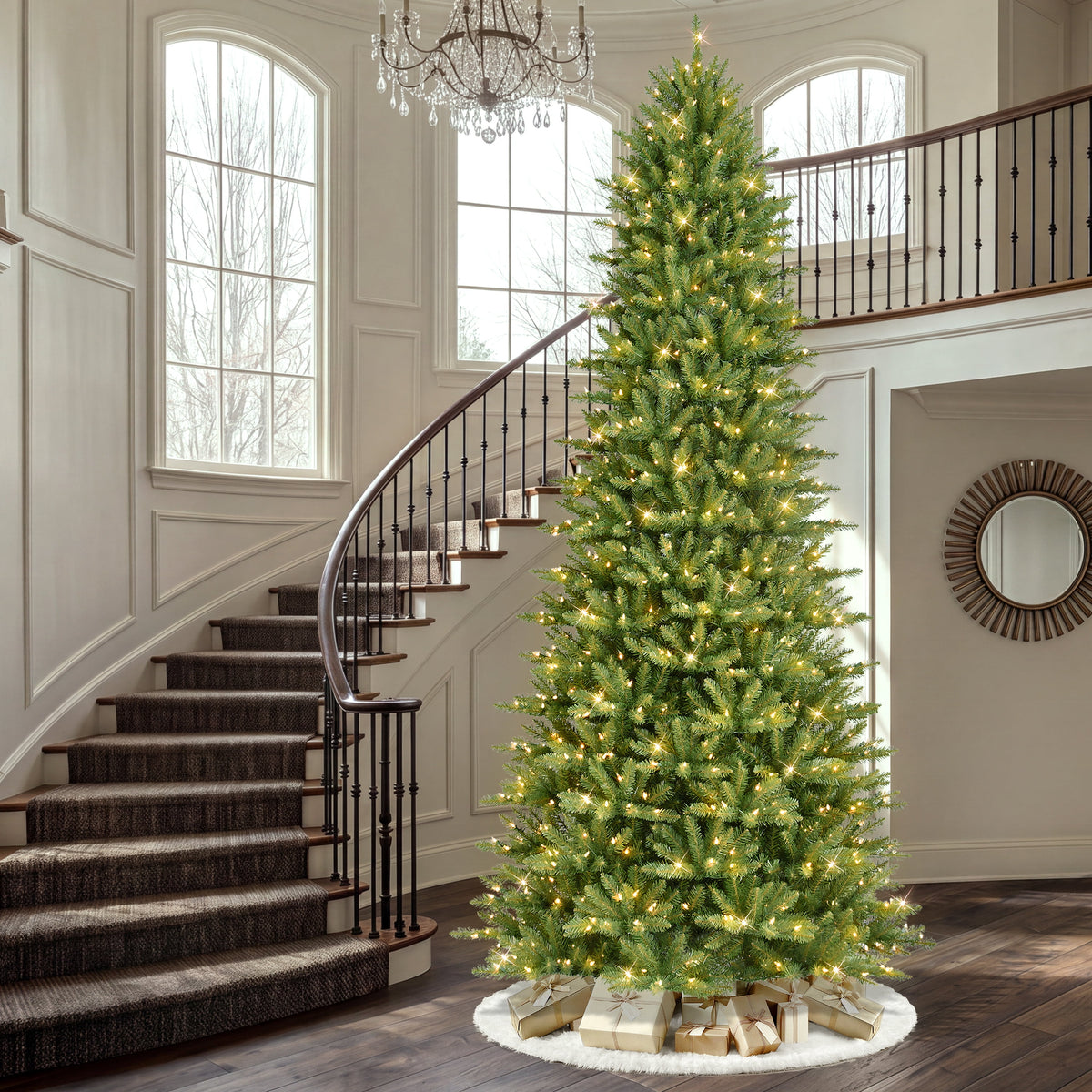 Puleo International Pre-Lit 12 ft Slim Fraser Fir Artificial Christmas Tree with 1,200 Clear Lights
