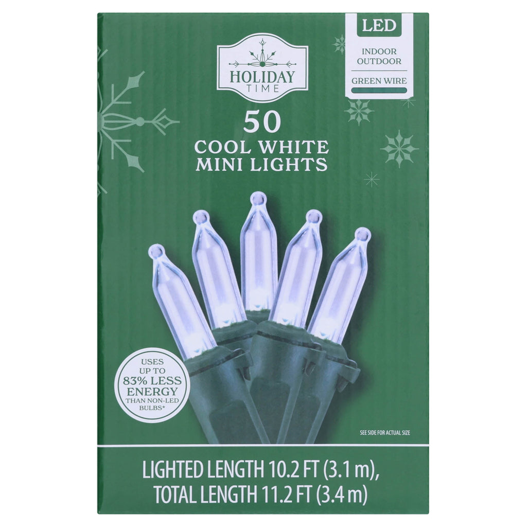 Indoor/Outdoor 50-Count LED Mini Christmas String Lights, Warm White, Green Wire, 10.2', by Holiday Time