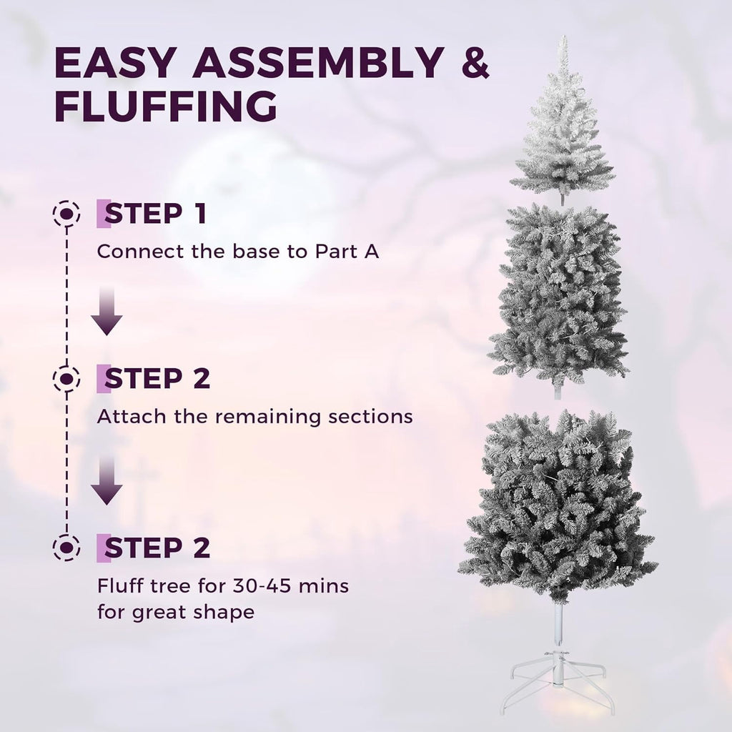 4.5/6/7.5/9 ft Flocked Pencil Christmas Tree with 100 Lights, Pre Lit Tall Skinny Christmas Tree with PVC Branch Tips, Premium Hinged Xmas Tree with Metal Base, Slim Artificial Christmas Tree