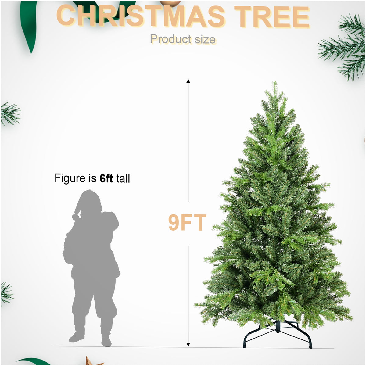 JERFIT 7.5ft Premium Pre-Lit Christmas Tree with Hinged Branches, Easy Setup Full Artificial PVC Xmas Tree for Holiday Home Decor