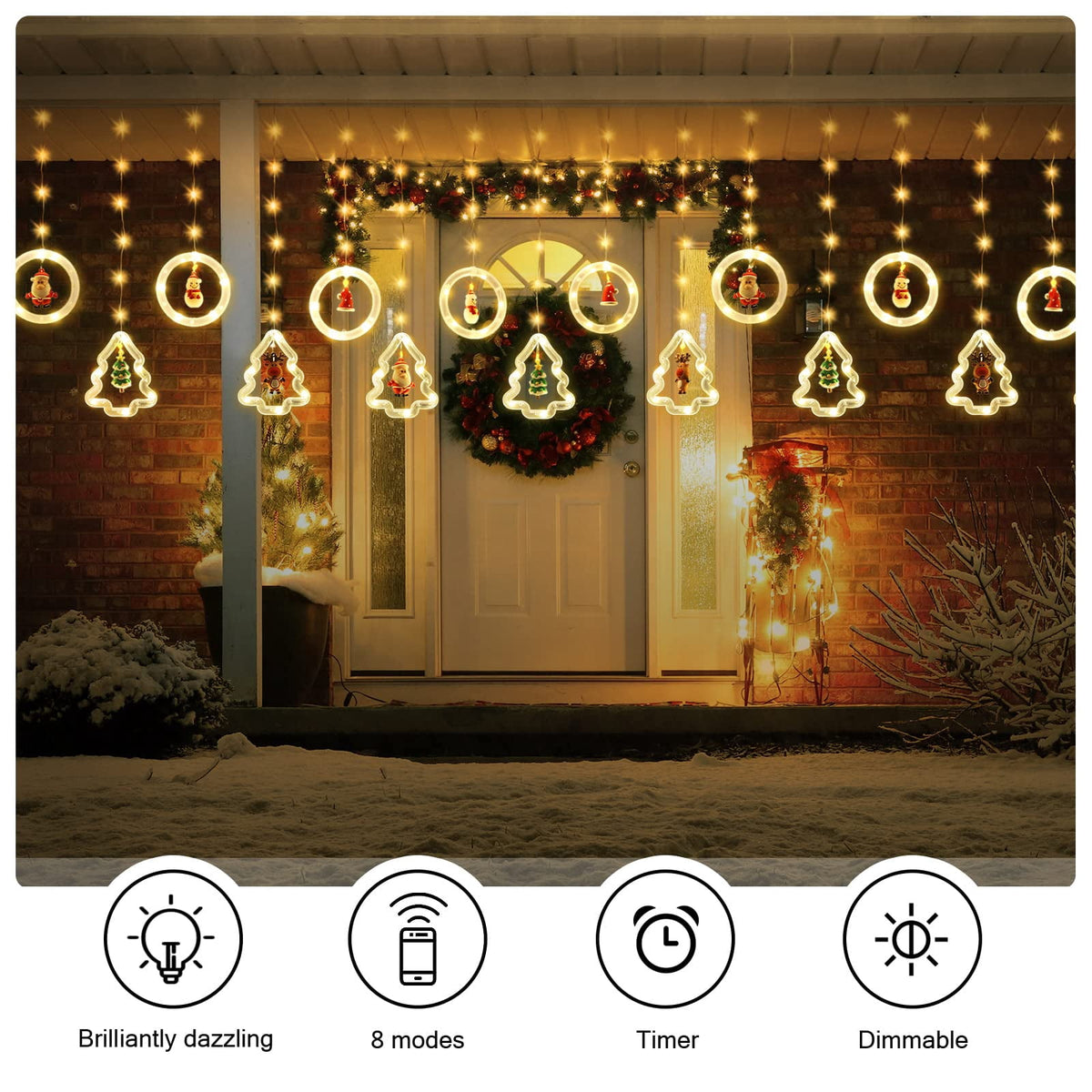 WILLED Christmas String Lights, 120 LED Window Curtain Lights with Christmas Ornaments, 9.8ft USB Powered Warm White Waterproof Fairy Lights Indoor Outdoor for Xmas Tree Patio Garden Party Home Decor