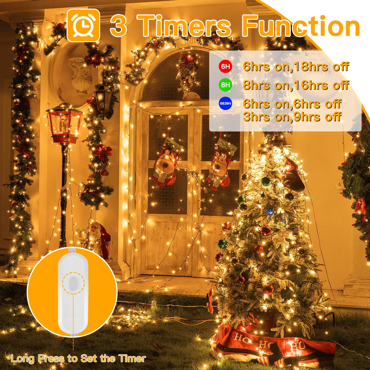 Ollny 66ft 200 LED Christmas String Lights, 8 Lighting Modes 3 Timing Waterproof Indoor Outdoor Christmas Lights for Party Garden Holiday, Warm-white