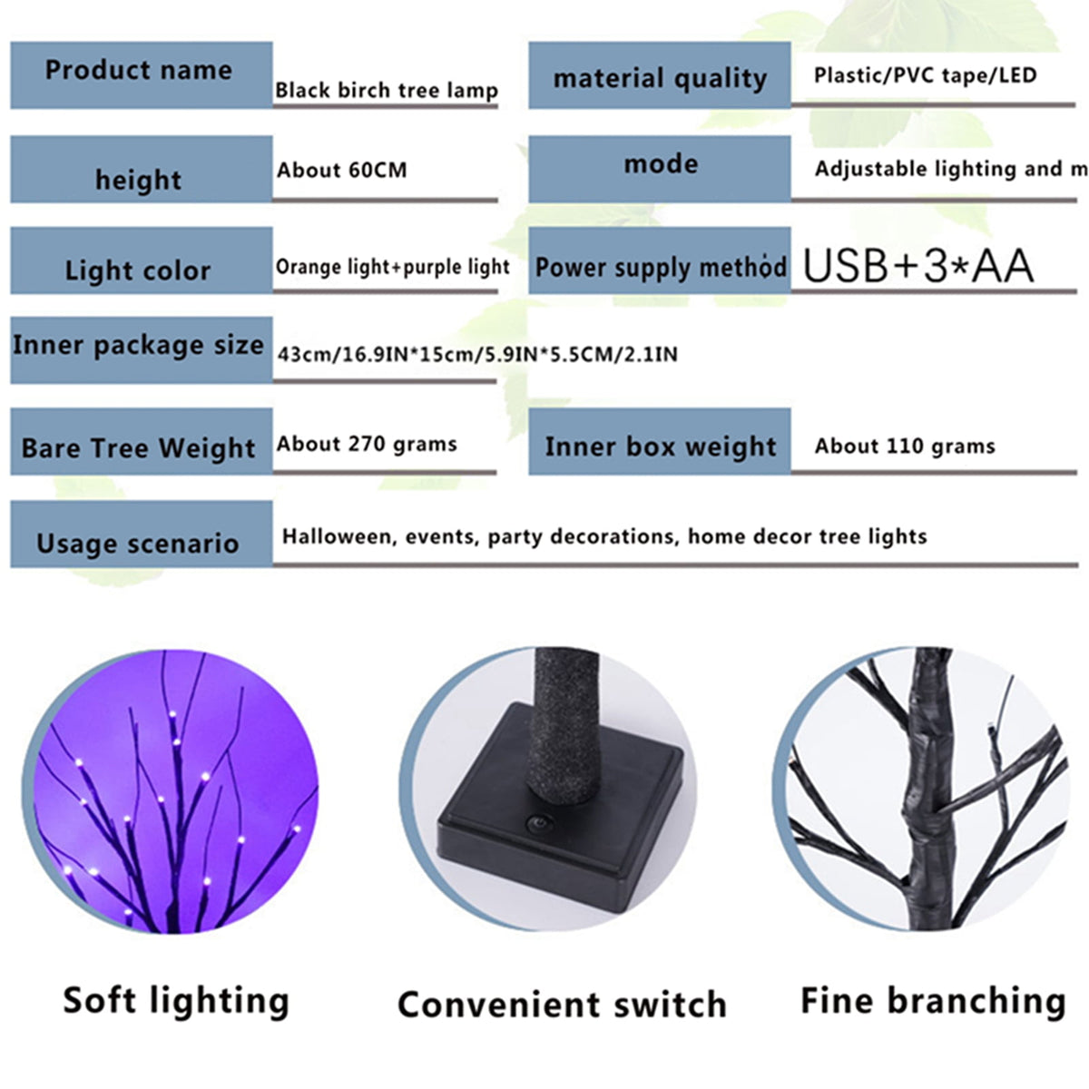 23.6 Inch Halloween Birch Tree Halloween Decorations Black Christmas Tree with 24LED Orange and Purple Lights and Halloween Lights Indoor Tabletop Tree Light,2 Light Modes,USB/Battery Power