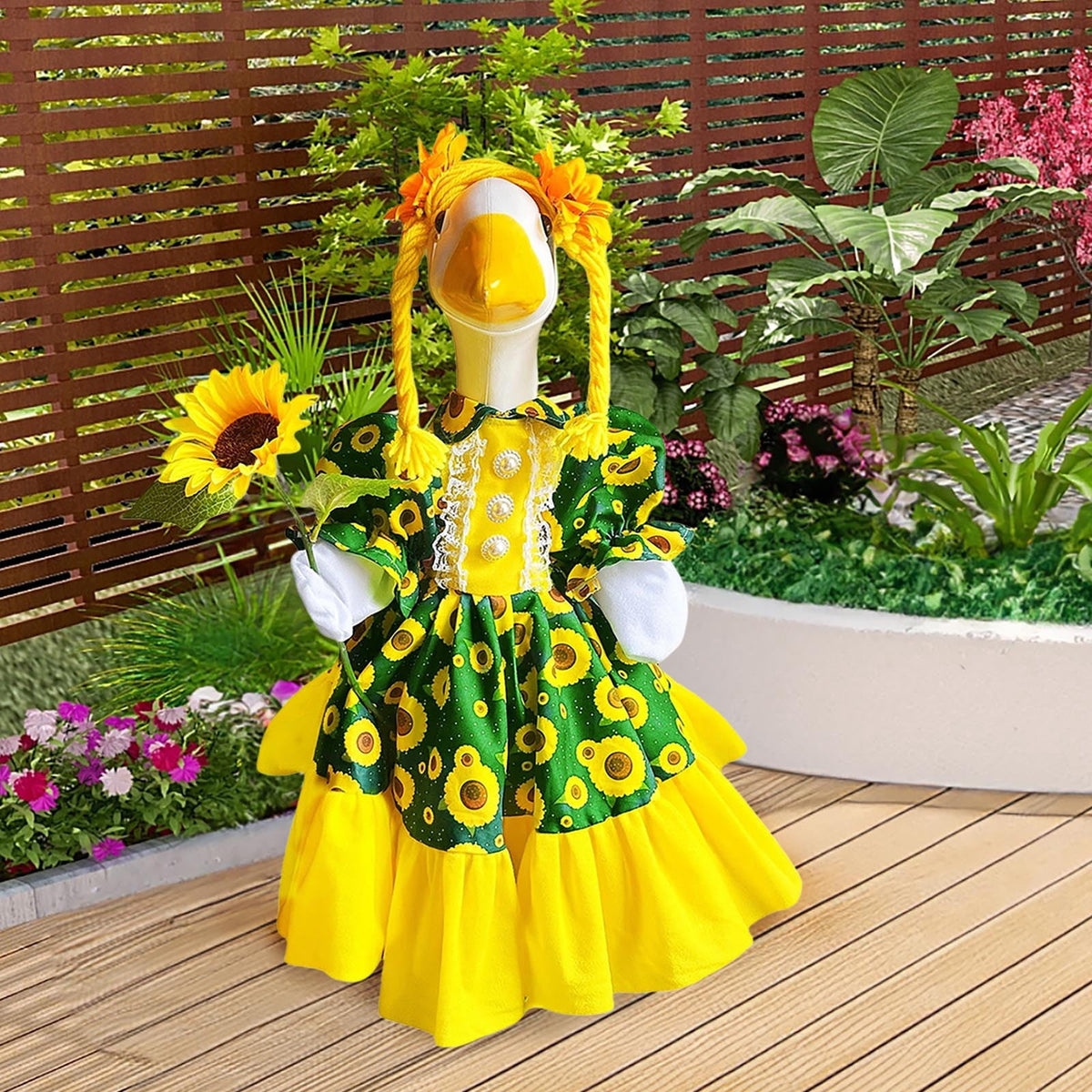 AZXY Thanksgiving Porch Goose Outfit, 23 Inch Lawn Goose Costume with Pilgrim Hat & Pumpkin Turkey Print Dress, Goose Clothes for Cement Plastic Goose Statue, Outdoor Yard Patio Fall Garden Decor