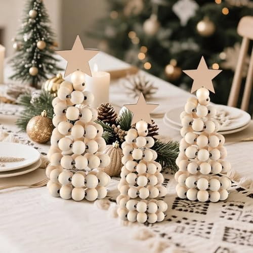 3 Pcs Christmas Tree Decor 3 Sizes 6/8/10 Inch Small Boho Artificial Christmas Tree Tabletop Decor for Home Shelf Mantel Table Party Supplies(Bead Style,Wood)