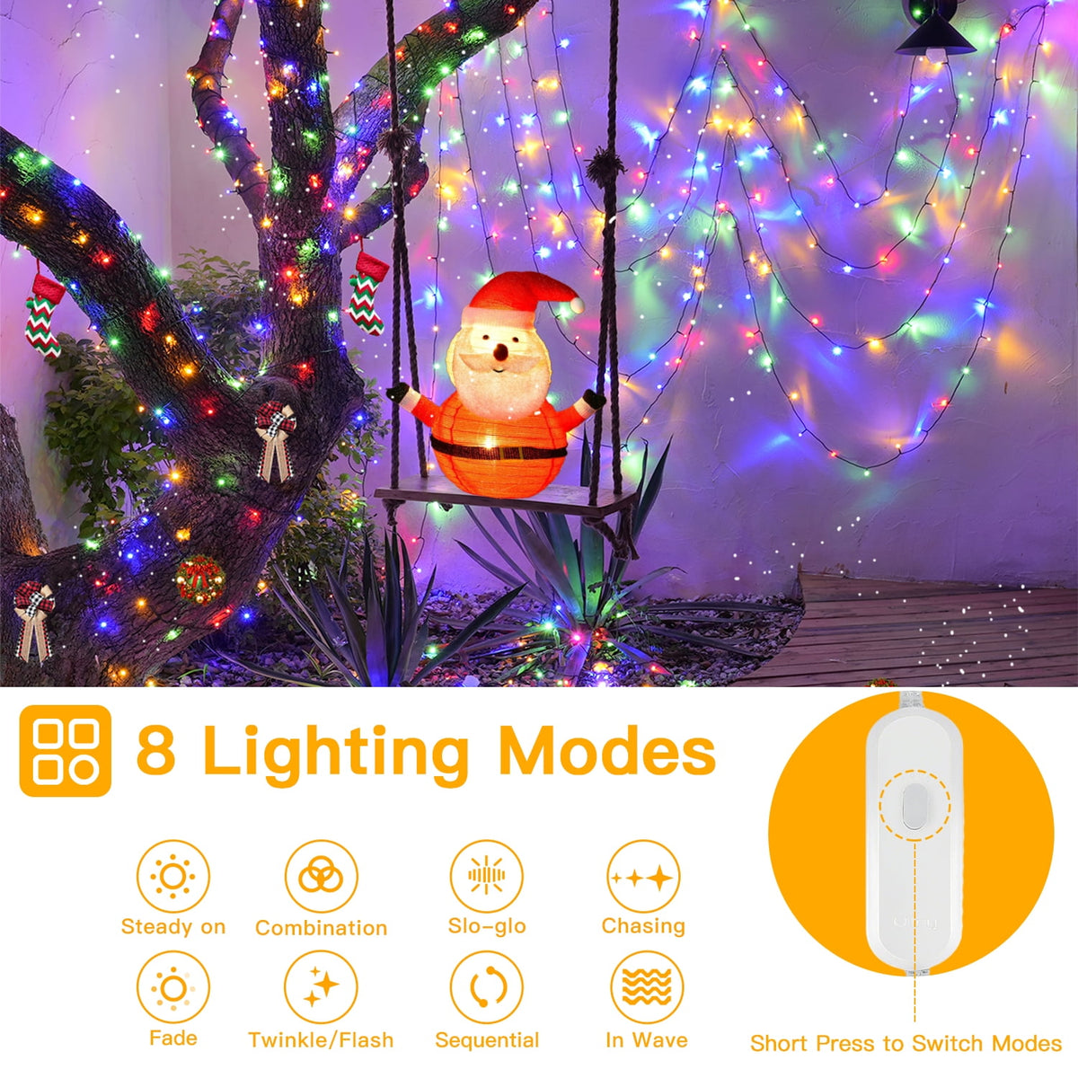 Ollny 66ft 200 LED Christmas String Lights, 8 Lighting Modes 3 Timing Waterproof Indoor Outdoor Christmas Lights for Party Garden Holiday, Multicolor