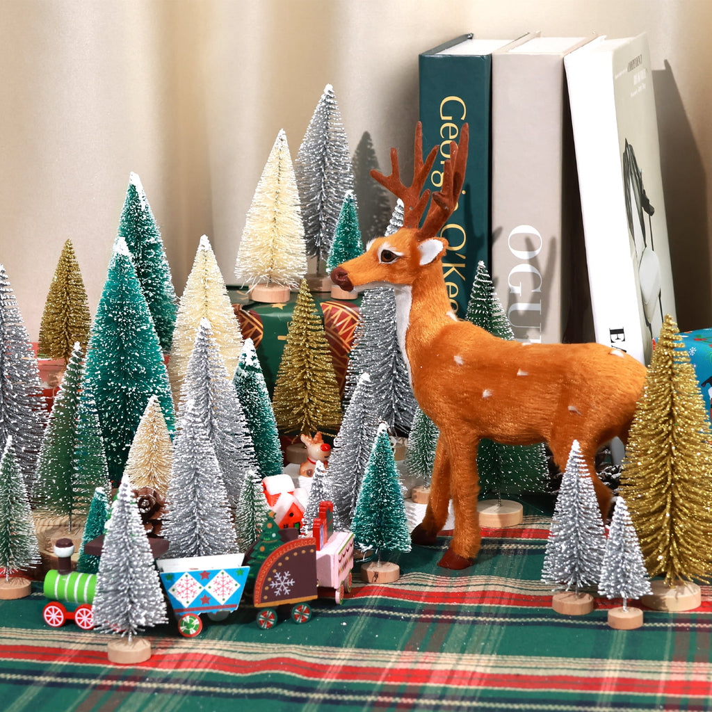 Ayieyill 30PCS Artificial Mini Christmas Trees, Mini Pine Tree Sisal Trees with Wood Base Bottle Brush Trees for Christmas Table Top Decor Winter Crafts Ornaments