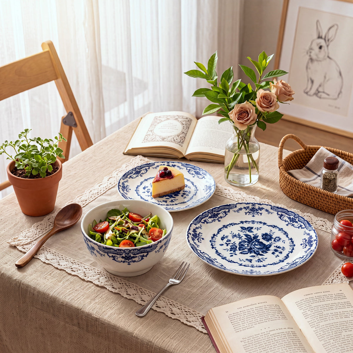 Onader 12 Piece Tableware Set, Rose Floral Dinnerware Set for 4, Ceramic Plates and Bowls Sets for Home Kitchen Restaurant, Scratch Resistant & Microwave Safe, Red